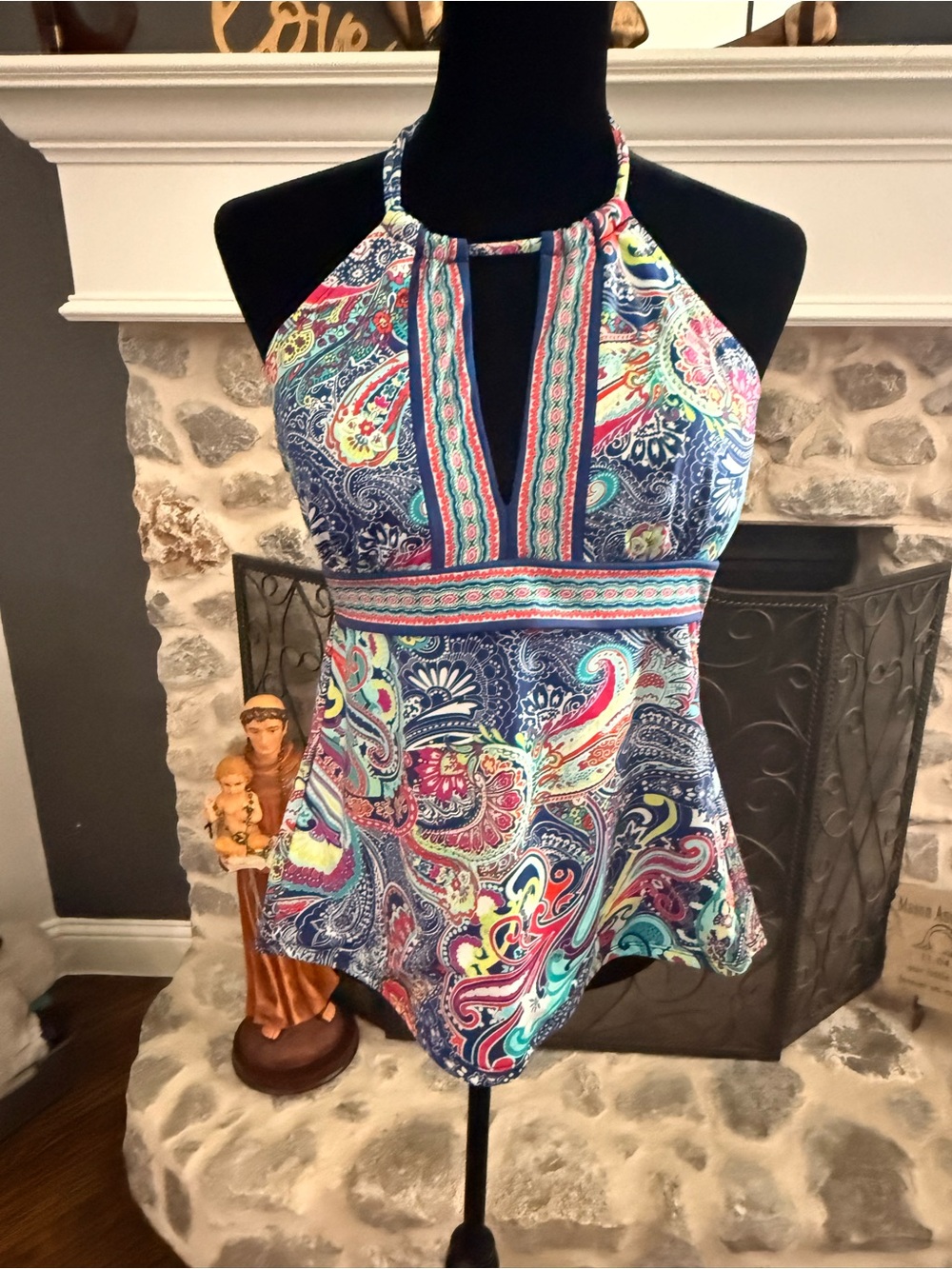 Halter Paisley One-Piece Swimdress in Navy and Multi
